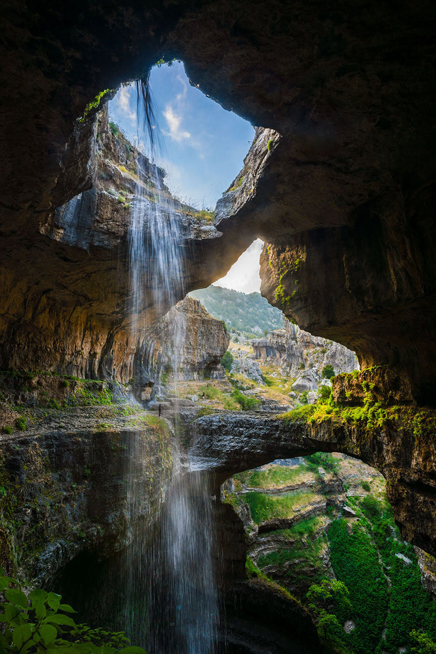 Baatara Gorge Waterfall Flowing Through the Three Natural Rock Bridges in Lebanon